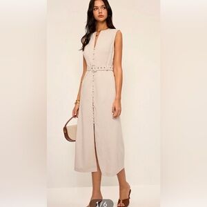 Commense linen blend V -neck belted midi Dress